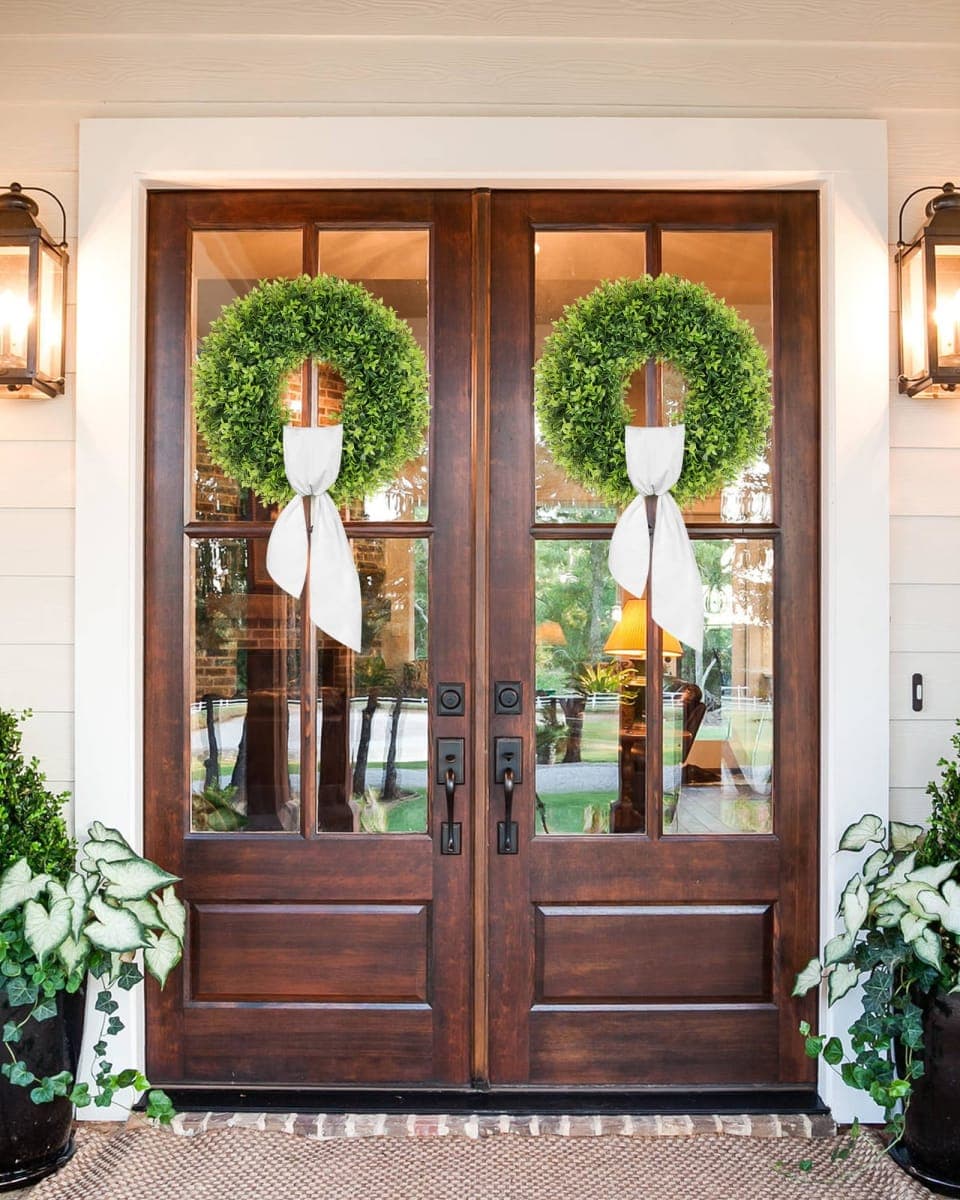 petalyn 22 Inch Artificial Boxwood Wreaths for Front Door, Spring Summer Door Wreath with Sash, Green Wreath Weatherproof for Wall Window Porch Farmhouse Wedding Decor All Year Round Indoor Outdoor thumbnail 5