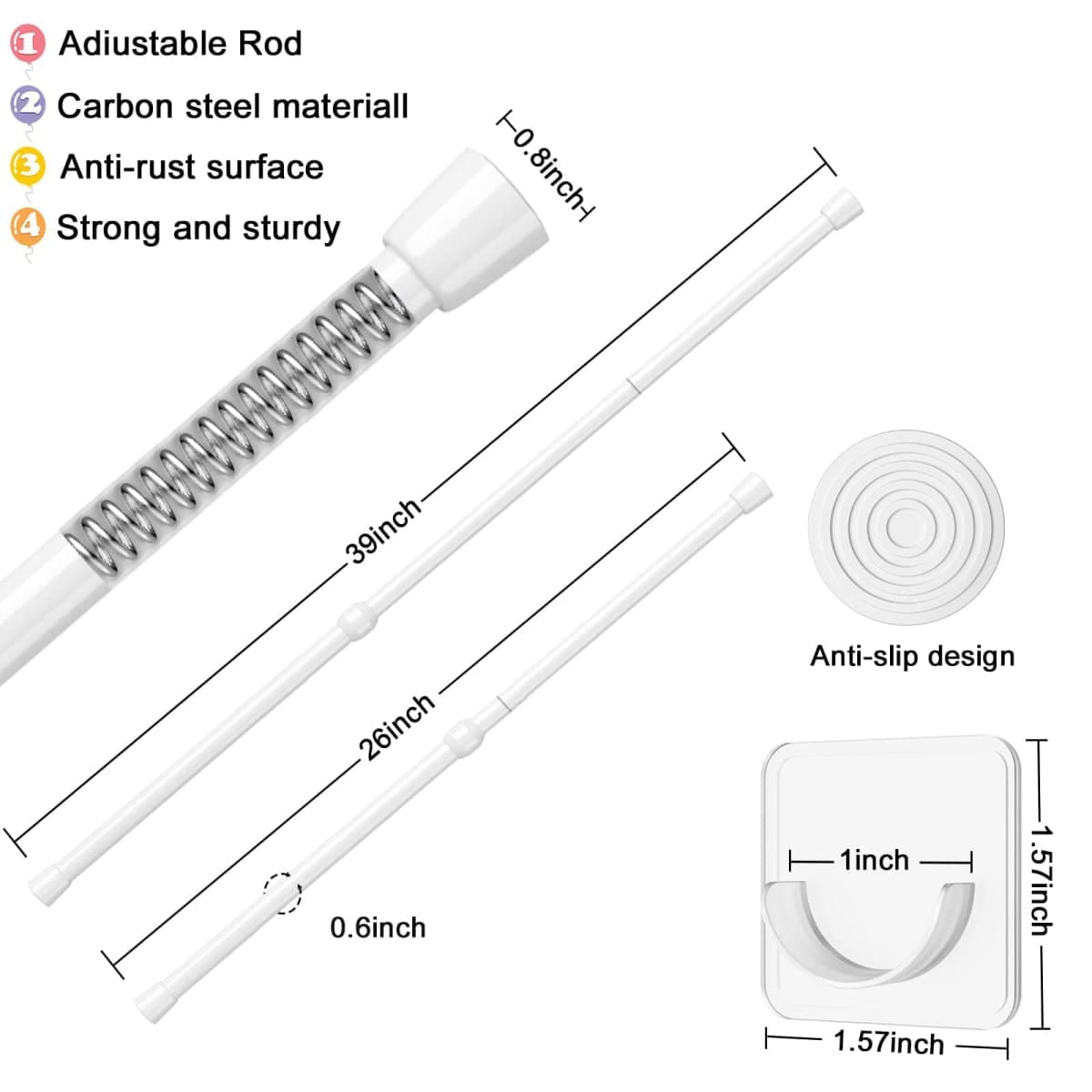 AIZESI 1pcs Tension Curtain Rod Spring Tension Rod Short Curtian Rods No Drilling Expandable Spring Loaded Curtain Tension Rod Adjustable 26 to 39 inch,Best Use Range 28 to 36 inch，White thumbnail 2