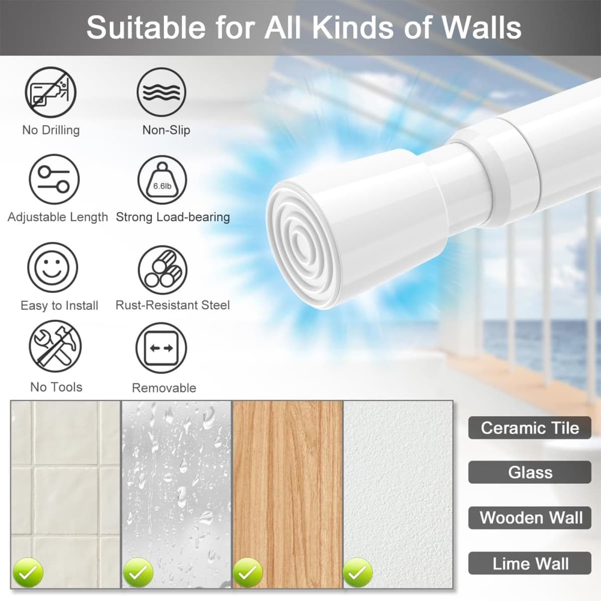 AIZESI 1pcs Tension Curtain Rod Spring Tension Rod Short Curtian Rods No Drilling Expandable Spring Loaded Curtain Tension Rod Adjustable 26 to 39 inch,Best Use Range 28 to 36 inch，White thumbnail 3