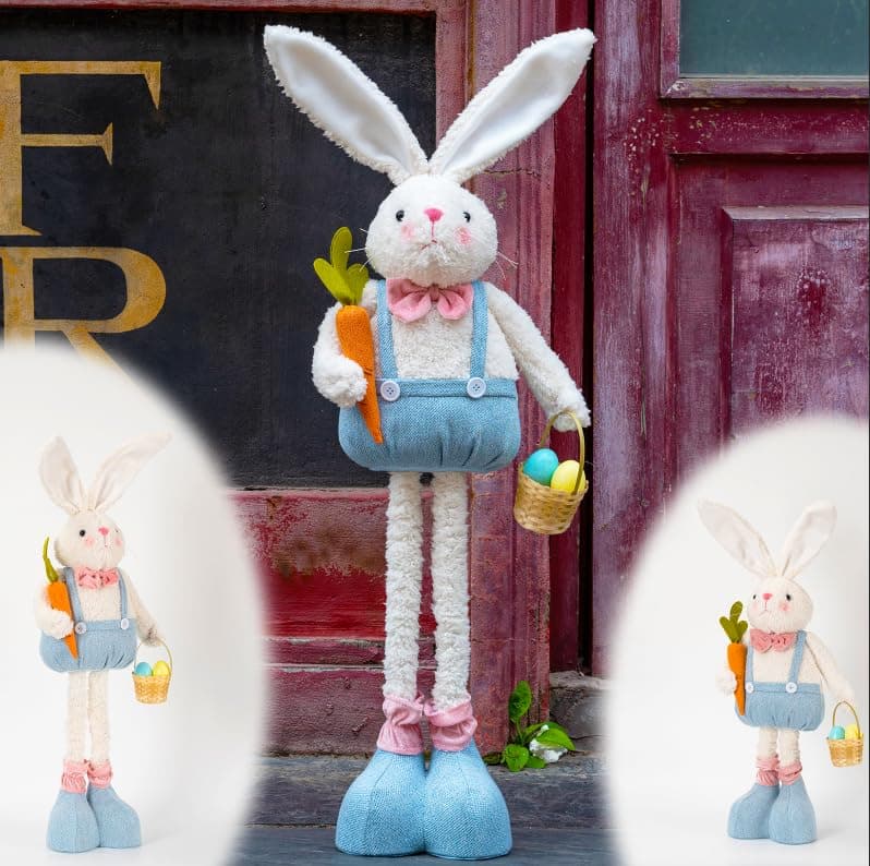 unanscre Standing Easter Bunny Gnome Plush Decoration - 20’’-30’’Large Rabbit Gnome Stuffed w/Retractable Spring Leg Handmade Hold Easter Eggs Basket & Carrot Doll for Home Ornament Farmhouse Decor — image 1