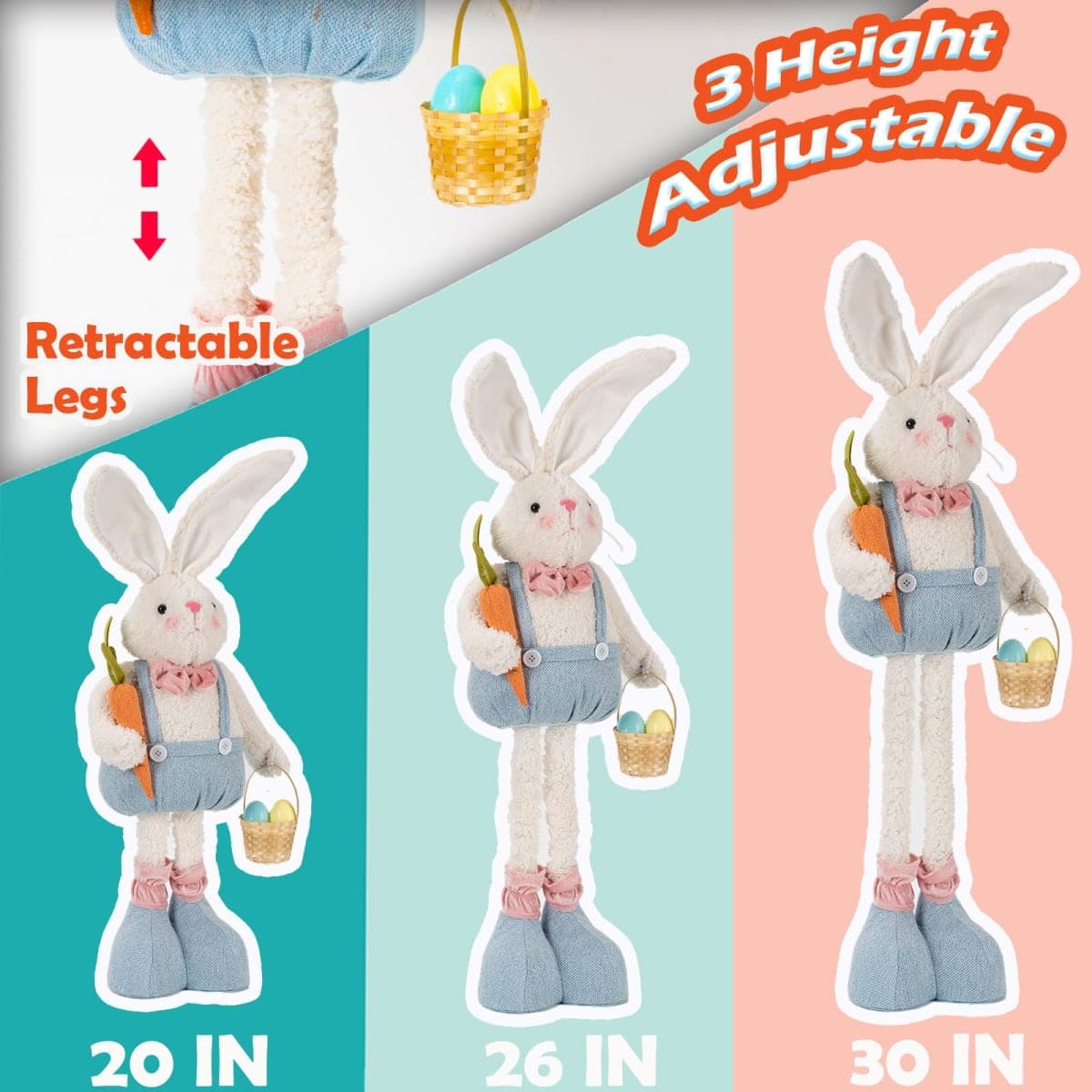 unanscre Standing Easter Bunny Gnome Plush Decoration - 20’’-30’’Large Rabbit Gnome Stuffed w/Retractable Spring Leg Handmade Hold Easter Eggs Basket & Carrot Doll for Home Ornament Farmhouse Decor thumbnail 2