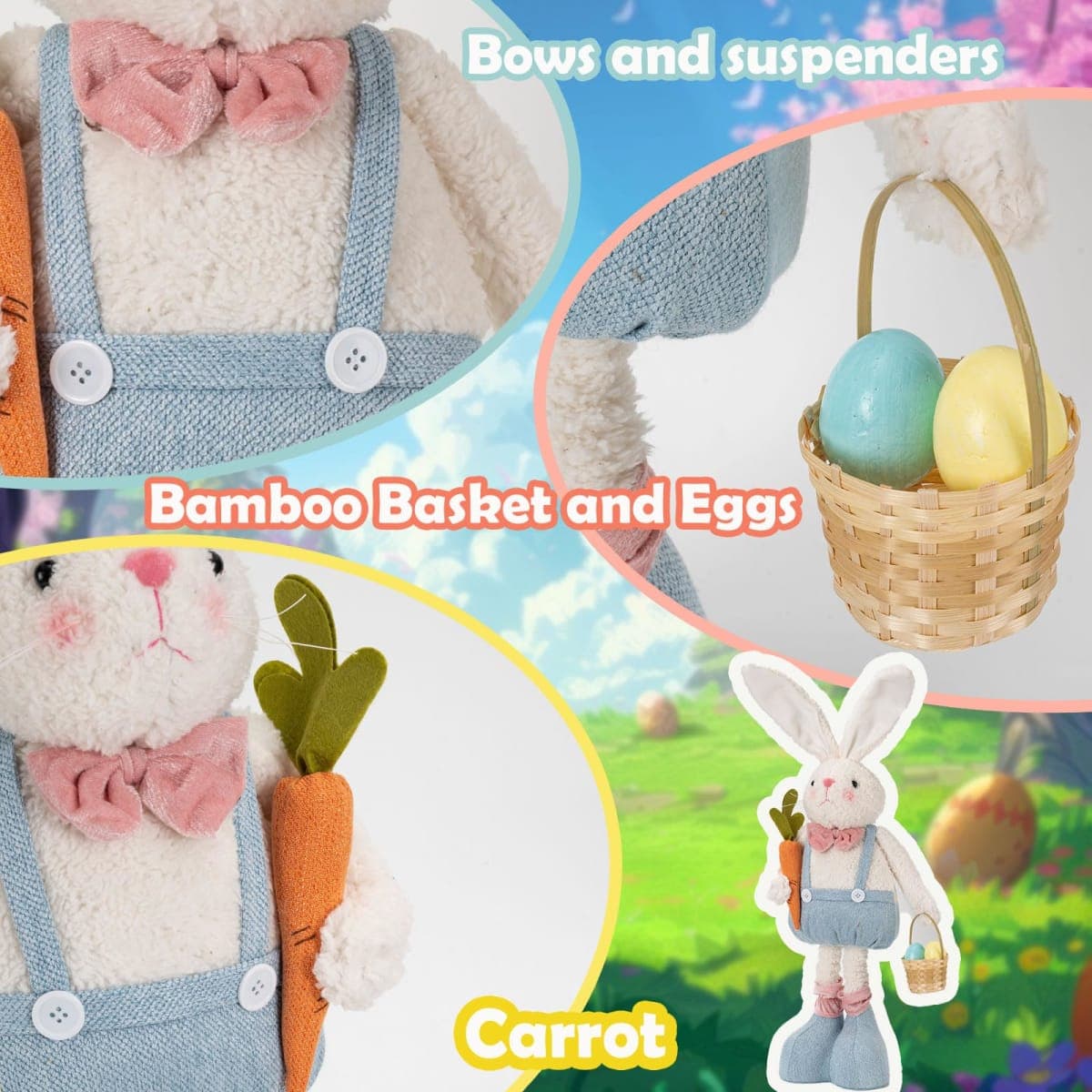 unanscre Standing Easter Bunny Gnome Plush Decoration - 20’’-30’’Large Rabbit Gnome Stuffed w/Retractable Spring Leg Handmade Hold Easter Eggs Basket & Carrot Doll for Home Ornament Farmhouse Decor thumbnail 3