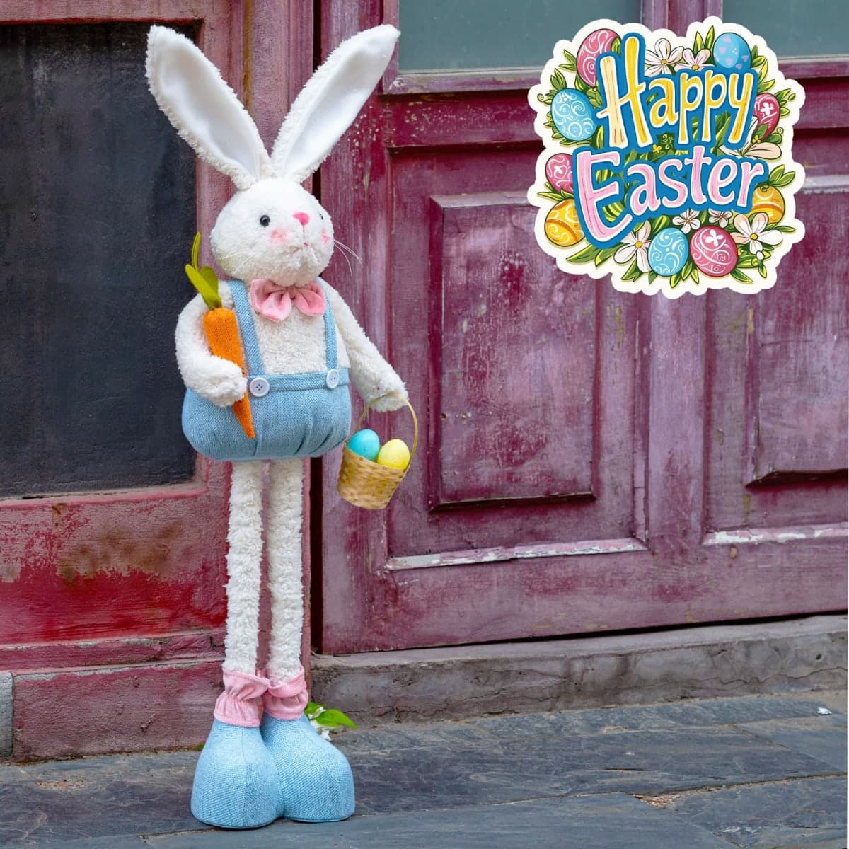 unanscre Standing Easter Bunny Gnome Plush Decoration - 20’’-30’’Large Rabbit Gnome Stuffed w/Retractable Spring Leg Handmade Hold Easter Eggs Basket & Carrot Doll for Home Ornament Farmhouse Decor thumbnail 5