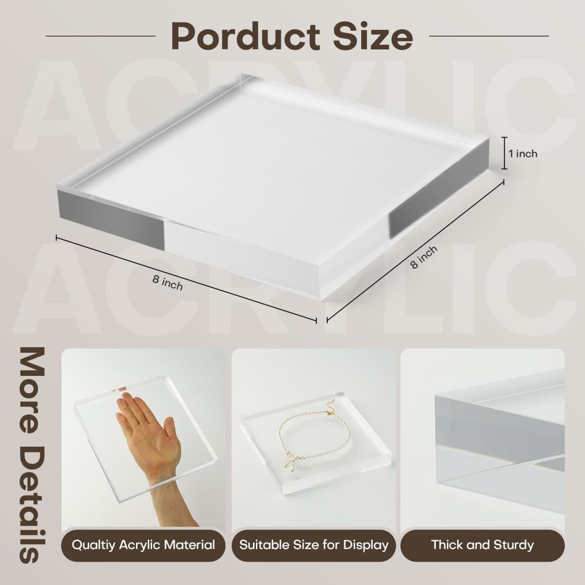 Elitnus Clear Acrylic Display Block – Solid Polished Plexiglass Riser for Jewelry, Figurines, Retail Showcase & Home Decor – Sturdy Acrylic Cube Stand (8" x 8" x 1") thumbnail 3