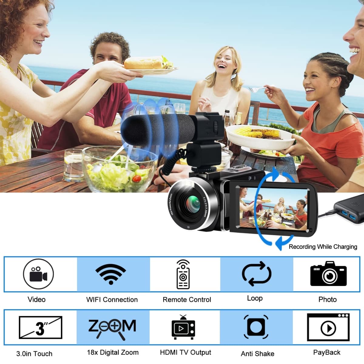 4K Video Camera, Lovpo Camcorder 48MP Ultra HD Night Vision WiFi Vlogging Camera for YouTube 18X Zoom 3.0" Touch Screen Digital Camera with Microphone, Stabilizer, Lens Hood, Remote, 2 Batteries thumbnail 4