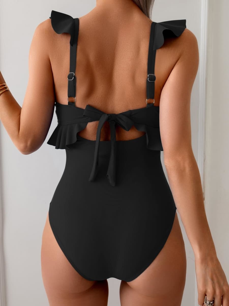 Eomenie One Piece Swimsuit for Women Tummy Control Ruffle Bathing Suit V Neck Ruched Swim Suit Slimming Cutout Swimwear, Black, Large thumbnail 2