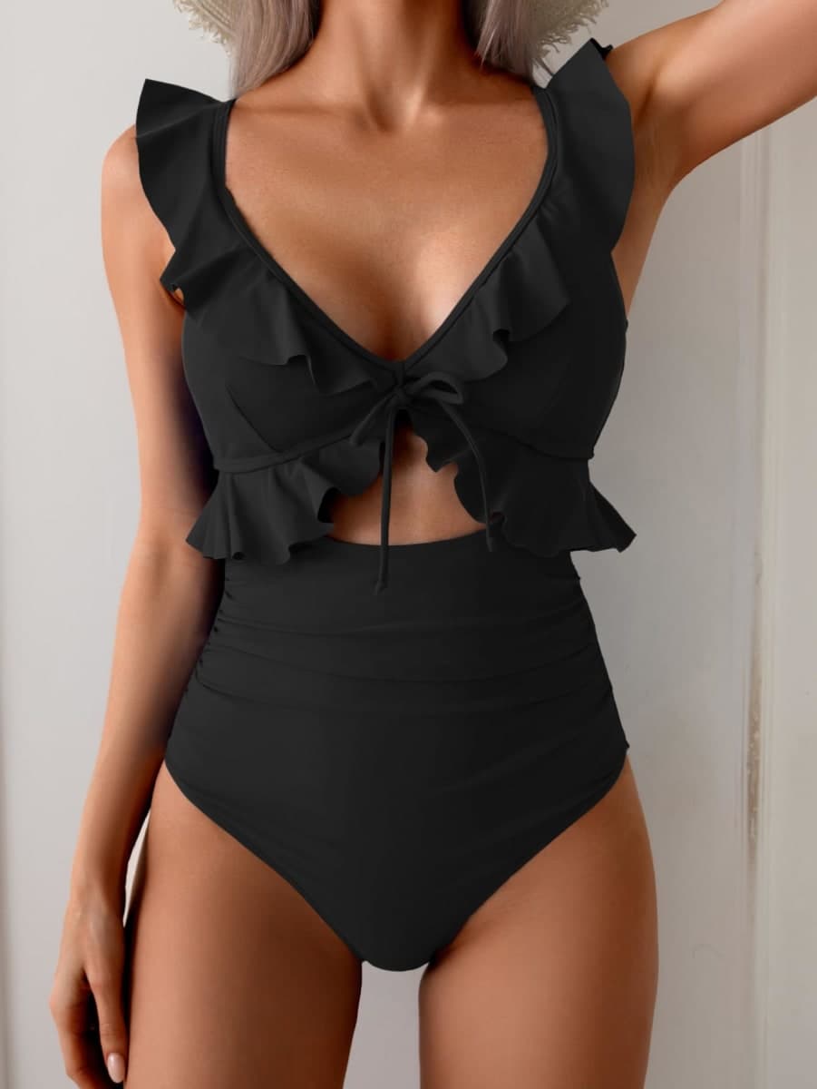 Eomenie One Piece Swimsuit for Women Tummy Control Ruffle Bathing Suit V Neck Ruched Swim Suit Slimming Cutout Swimwear, Black, Large thumbnail 3