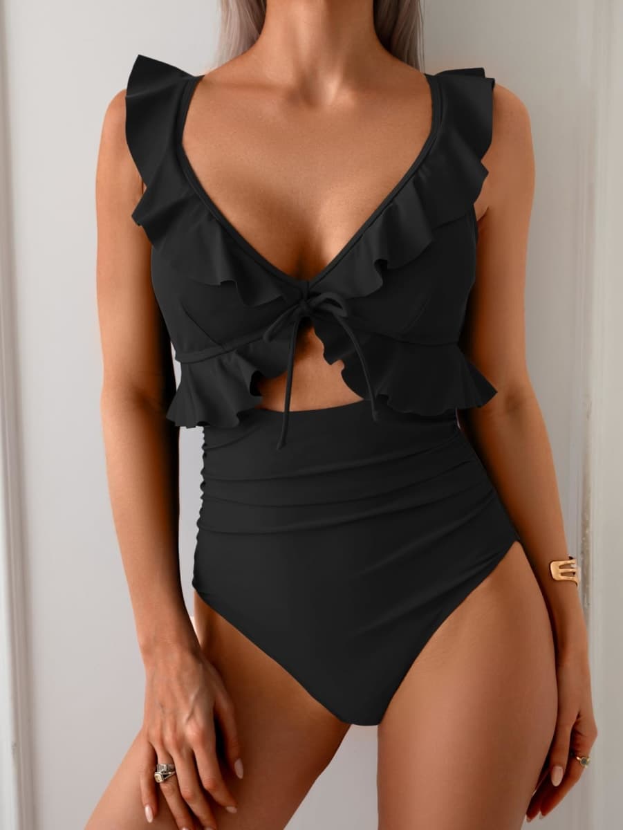 Eomenie One Piece Swimsuit for Women Tummy Control Ruffle Bathing Suit V Neck Ruched Swim Suit Slimming Cutout Swimwear, Black, Large thumbnail 4