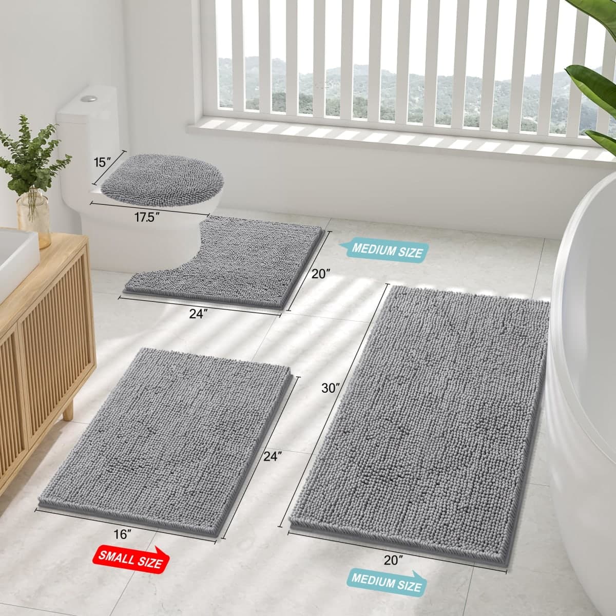 Smiry Luxury Chenille Bathroom Rugs 40x24, Extra Soft and Absorbent Shaggy Bath Mat, Machine Washable, Non-Slip Plush Carpet Runner for Tub, Shower, and Floor, Home Decor Accessories, Grey thumbnail 2