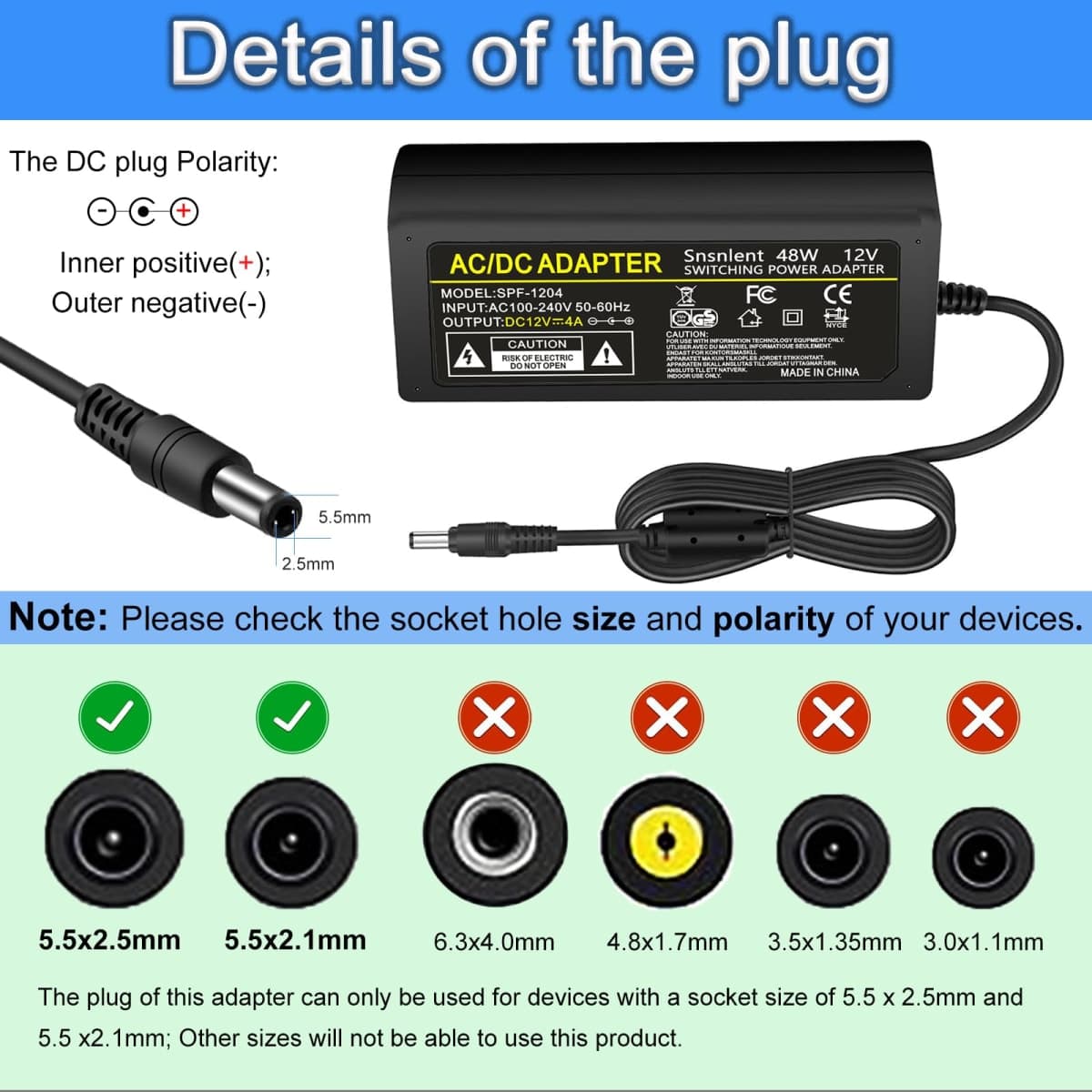 Snsnlent 12V 4A Power Adapter Supply 100-240V AC to DC 12V 4A Power Suppy 12 Volts 4A 48W AC DC Table Top Adapter with 5.5x2.5mm DC Plug for LED Device thumbnail 3