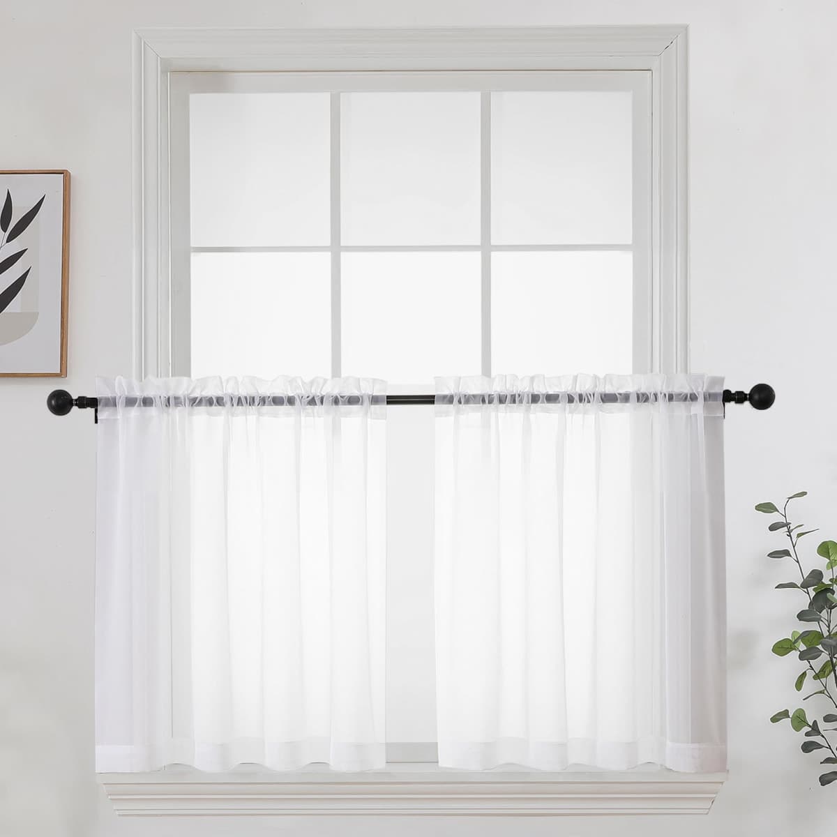 OWENIE White Short Sheer Curtains 24 Inches Long 2 Panels Set for Kitchen Window, Rod Pocket Light Filtering Sheer Tier Curtains for Small Laundry Room, RV, Camper Travel Trailers, 42 W x 24 L — image 1