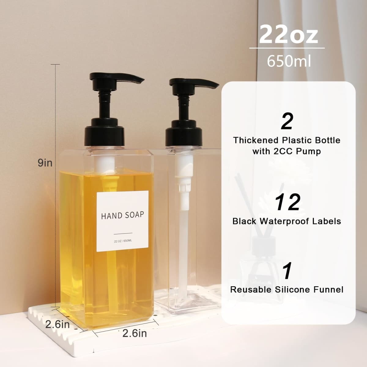 Clear Soap Dispenser with Waterproof Labels, Thickened Plastic Hand Soap Dispenser for Bathroom, Kitchen Dish Washing Liquid Bottles, Shampoo and Conditioner Bottles with Funnel (22oz 2Pack Clear) thumbnail 2