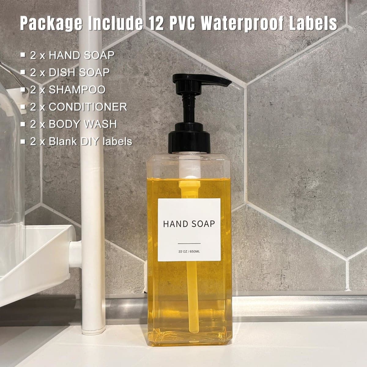 Clear Soap Dispenser with Waterproof Labels, Thickened Plastic Hand Soap Dispenser for Bathroom, Kitchen Dish Washing Liquid Bottles, Shampoo and Conditioner Bottles with Funnel (22oz 2Pack Clear) thumbnail 3