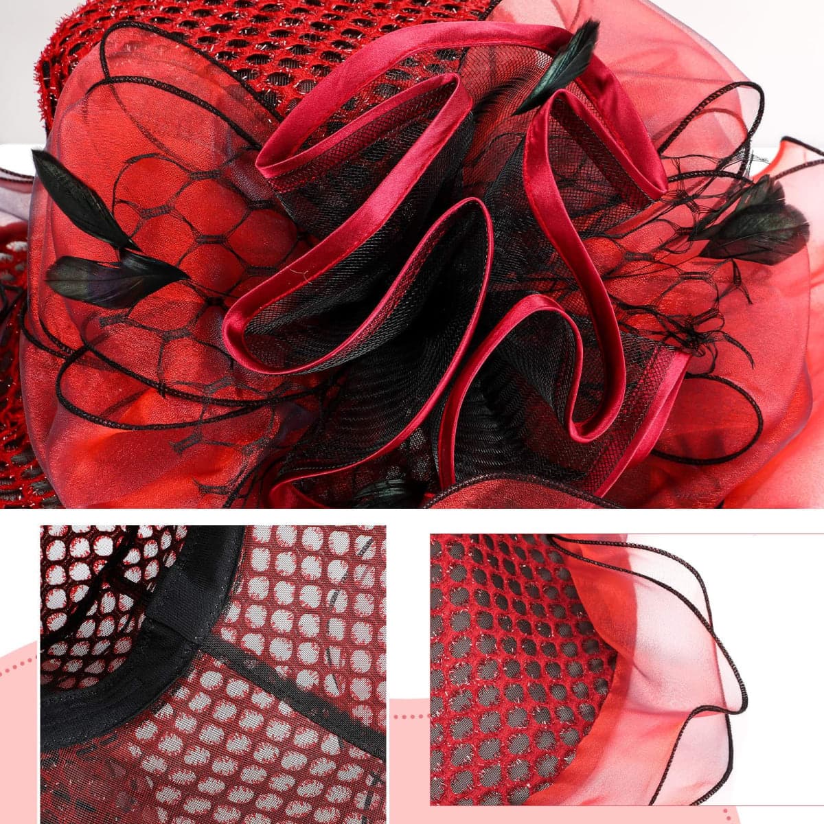 Jamntower 5 Pcs Women Church Derby Hat Set Wide Brim Leaf Flower Derby Hat Organza Fascinators for Tea Party Wedding Bridal, Red, Medium thumbnail 2