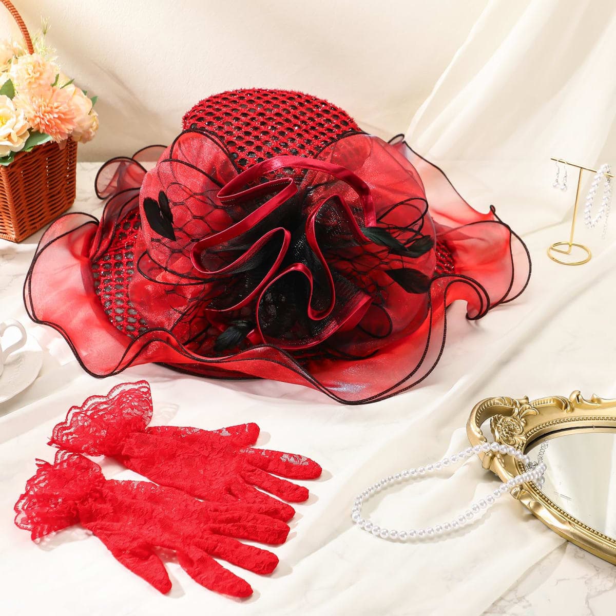 Jamntower 5 Pcs Women Church Derby Hat Set Wide Brim Leaf Flower Derby Hat Organza Fascinators for Tea Party Wedding Bridal, Red, Medium thumbnail 3