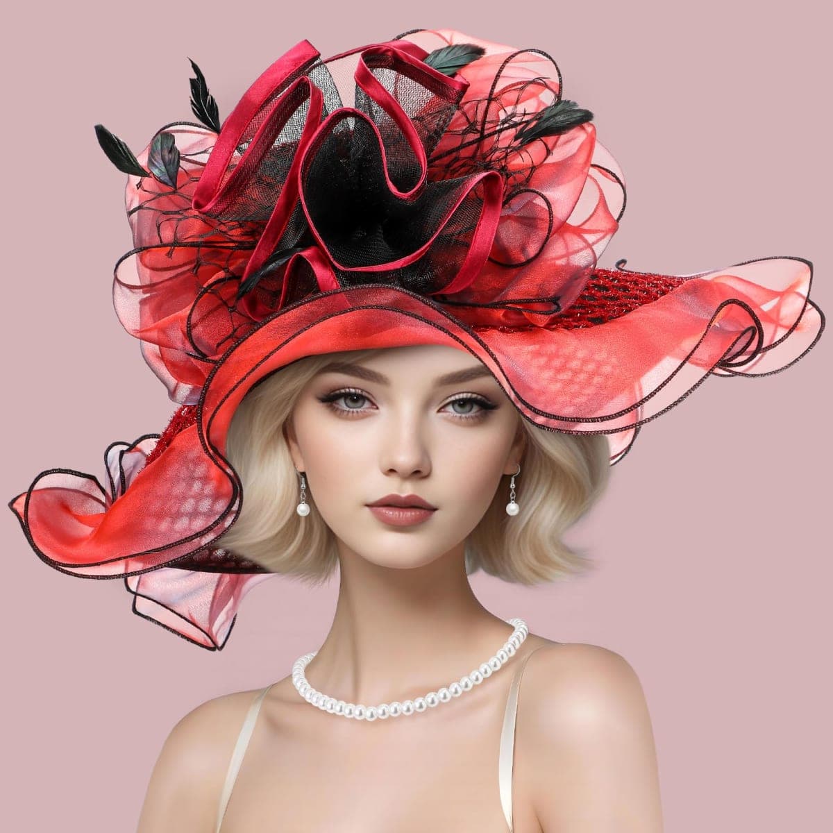 Jamntower 5 Pcs Women Church Derby Hat Set Wide Brim Leaf Flower Derby Hat Organza Fascinators for Tea Party Wedding Bridal, Red, Medium thumbnail 4