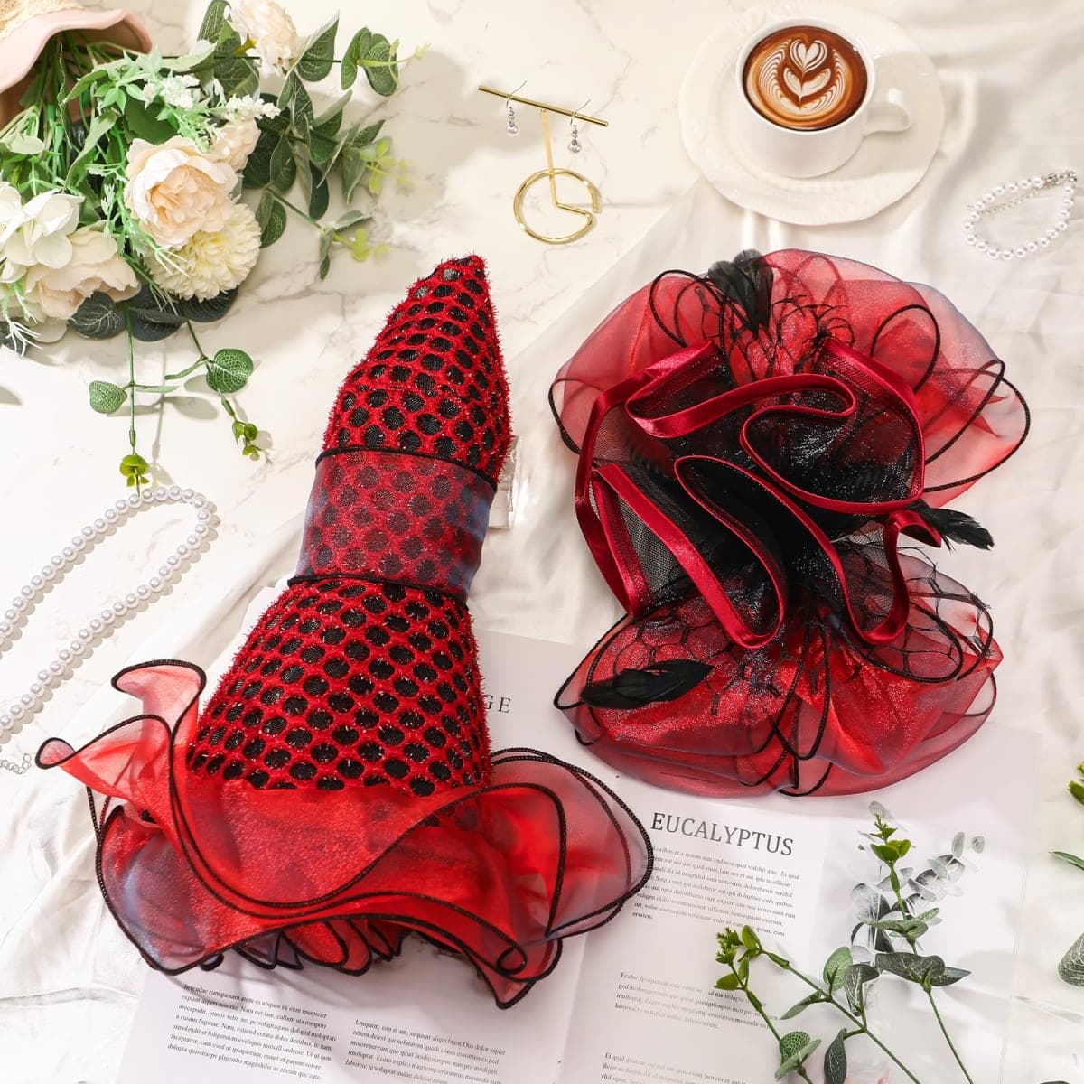 Jamntower 5 Pcs Women Church Derby Hat Set Wide Brim Leaf Flower Derby Hat Organza Fascinators for Tea Party Wedding Bridal, Red, Medium thumbnail 5