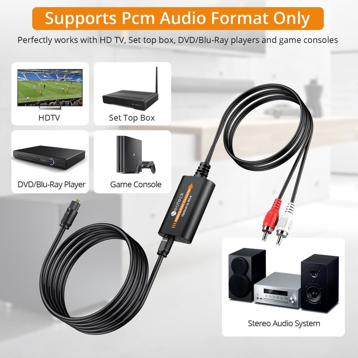 Neoteck 192kHz DAC Converter 5.9ft/1.8m Optical to RCA Cable SPDIF to RCA Digital to Analog Converter with Built-in Audio Amplifier Chipset for HDTVs Set-Top Boxes DVD/Blu-Ray Players-Male Output thumbnail 4