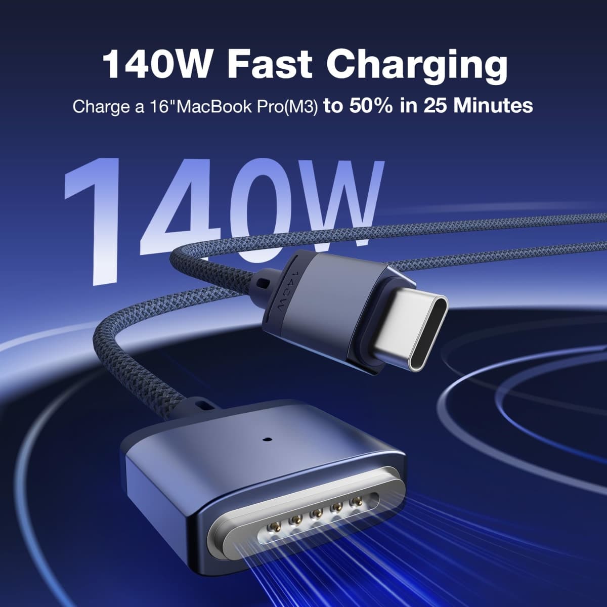 Hugener Magnetic 3 Cable USB-C 6.6FT for M4/M3 MacBook Air Pro Charger, 140W Magnetic Safe 3 Cable for MacBook Air (13"/15" 2025/2024/2023/2022), Pro (16"/14" 2024/2023/2021), Blue thumbnail 3