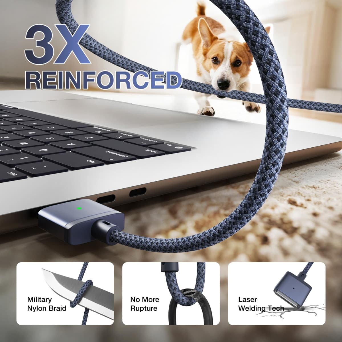 Hugener Magnetic 3 Cable USB-C 6.6FT for M4/M3 MacBook Air Pro Charger, 140W Magnetic Safe 3 Cable for MacBook Air (13"/15" 2025/2024/2023/2022), Pro (16"/14" 2024/2023/2021), Blue thumbnail 4