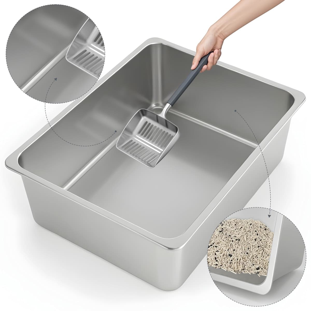 Kirecoo Stainless Steel Cat Litter Box - Metal High Sided Cat Pan, Large Stainless Steel Box, Indoor Litter Tray, Non Stick, No Smell, Easy to Clean, Pet Toilet Supplies for Kitten, Kitty, Rabbit thumbnail 3