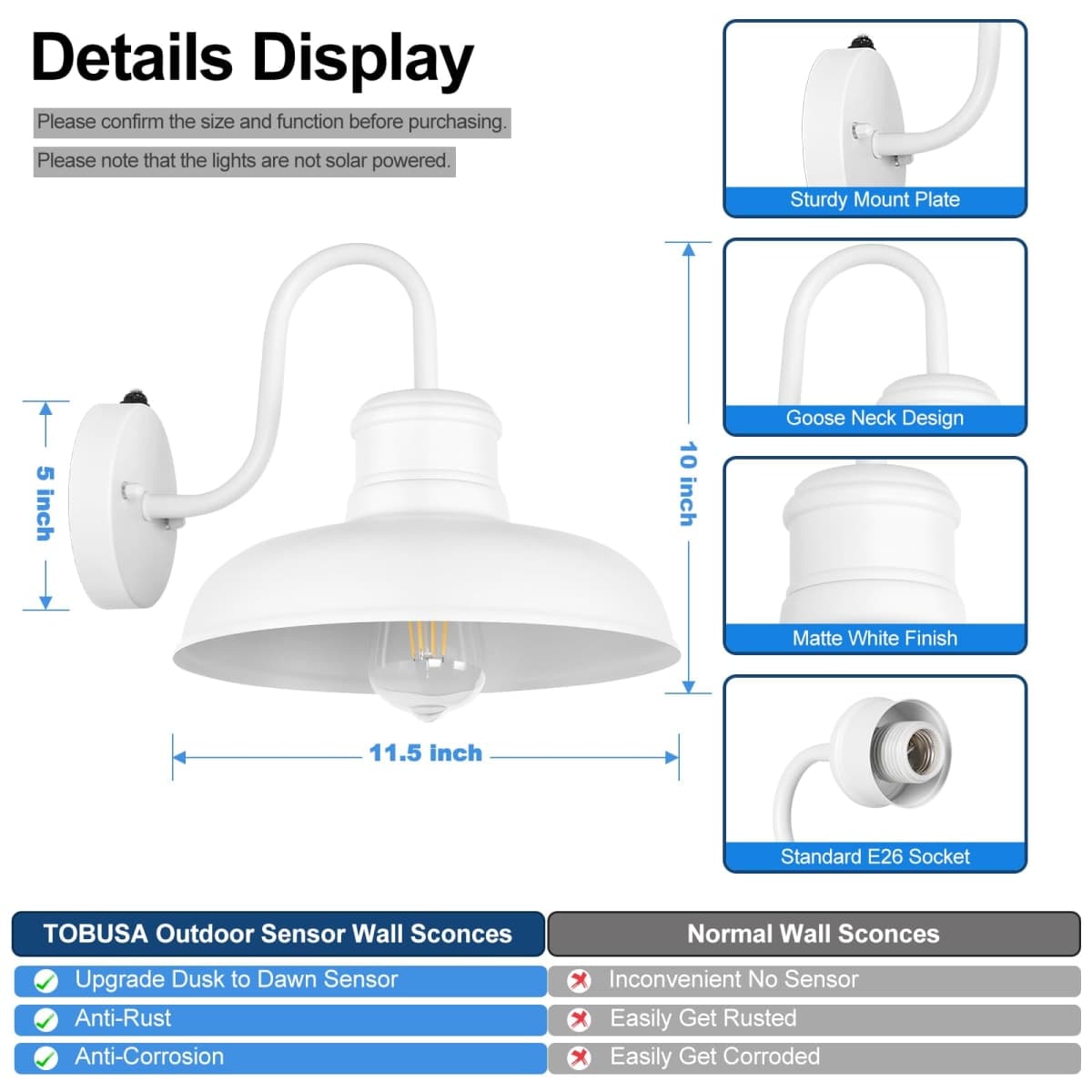 TOBUSA 2-Pack Dusk to Dawn Outdoor Wall Lights, Waterproof Farmhouse Gooseneck Barn Lights, 11.5'' White Outside Wall Sconces for House, Porch, Garage thumbnail 5