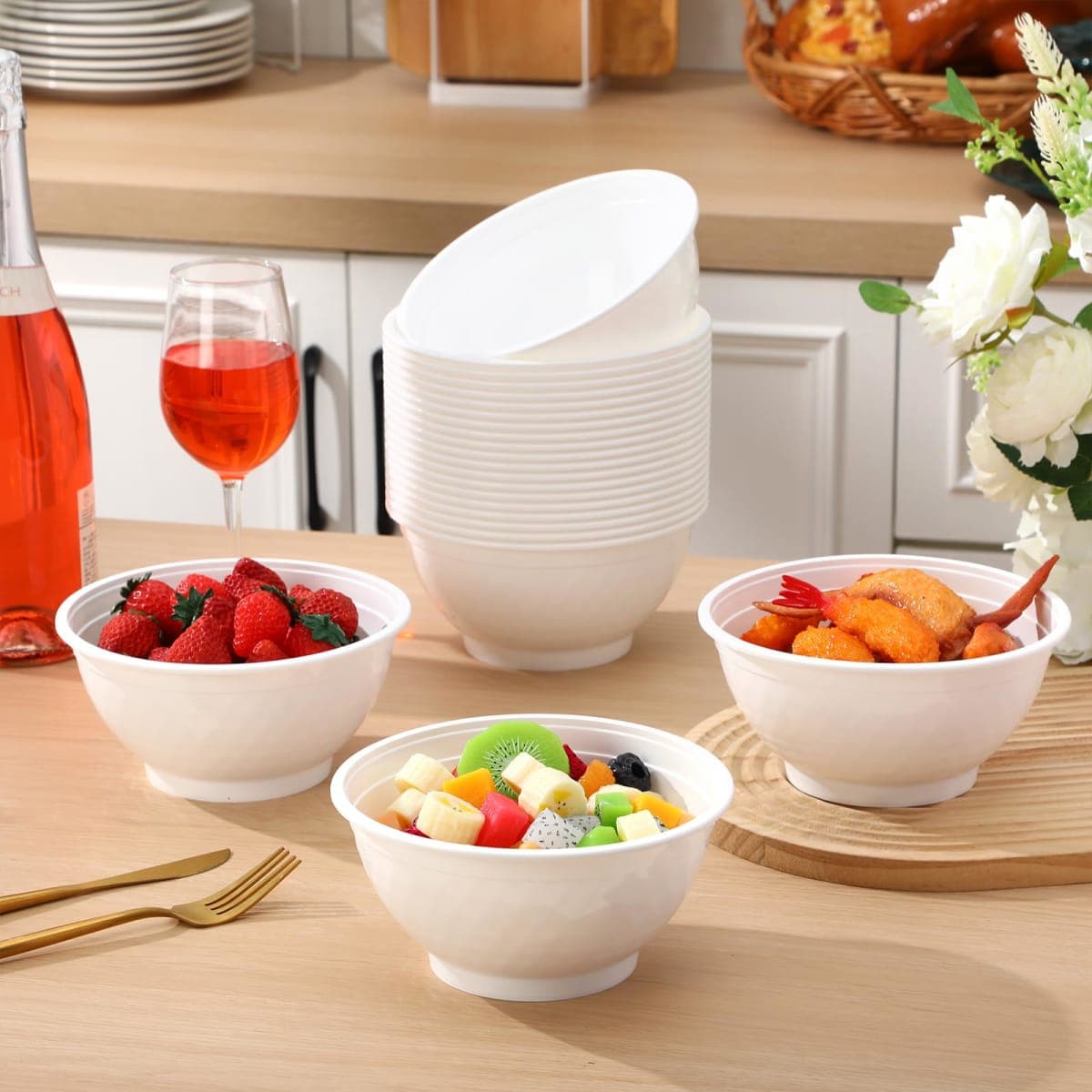 Afarnook 100 Pack 25 oz White Disposable Plastic Bowls Soccer Texture Plastic Salad Bowls Large Stackable Serving Soup Microwave Safe Dinnerware for Birthdays, Weddings, Parties, Festivals(soccer 1) thumbnail 5