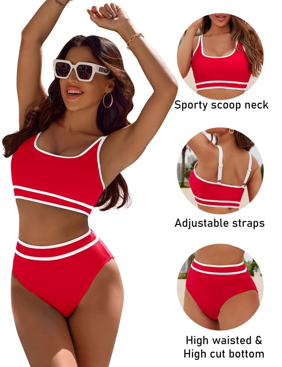 BMJL Women's High Waisted Bikini Sets Sporty Two Piece Swimsuits Color Block Cheeky High Cut Bathing Suits, Red011, Large thumbnail 4