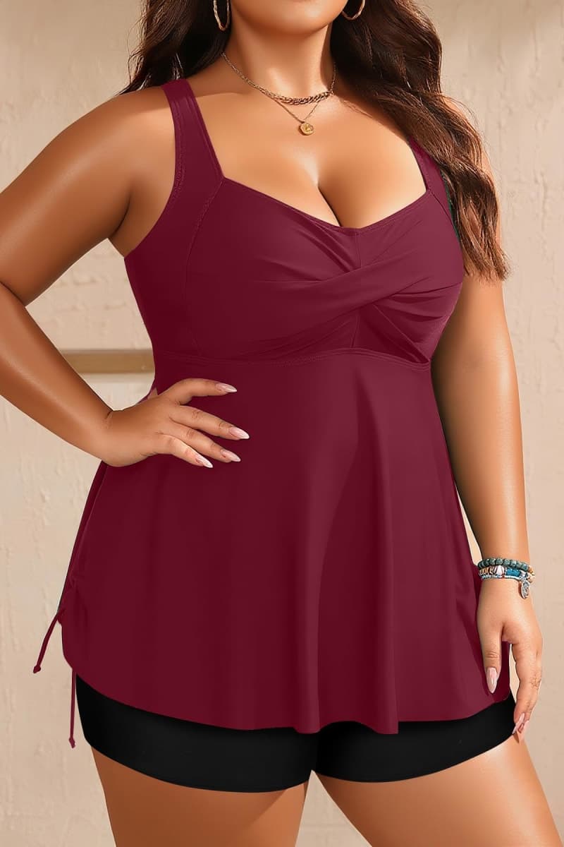 Aqua Eve Women Plus Size Tankini Swimsuit Two Piece Flowy Swimdress Bathing Suits with Shorts Wine Red 14W thumbnail 3