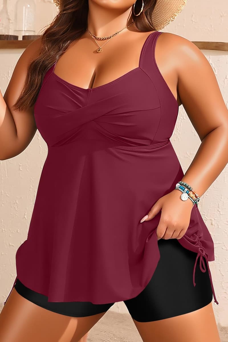 Aqua Eve Women Plus Size Tankini Swimsuit Two Piece Flowy Swimdress Bathing Suits with Shorts Wine Red 14W thumbnail 4