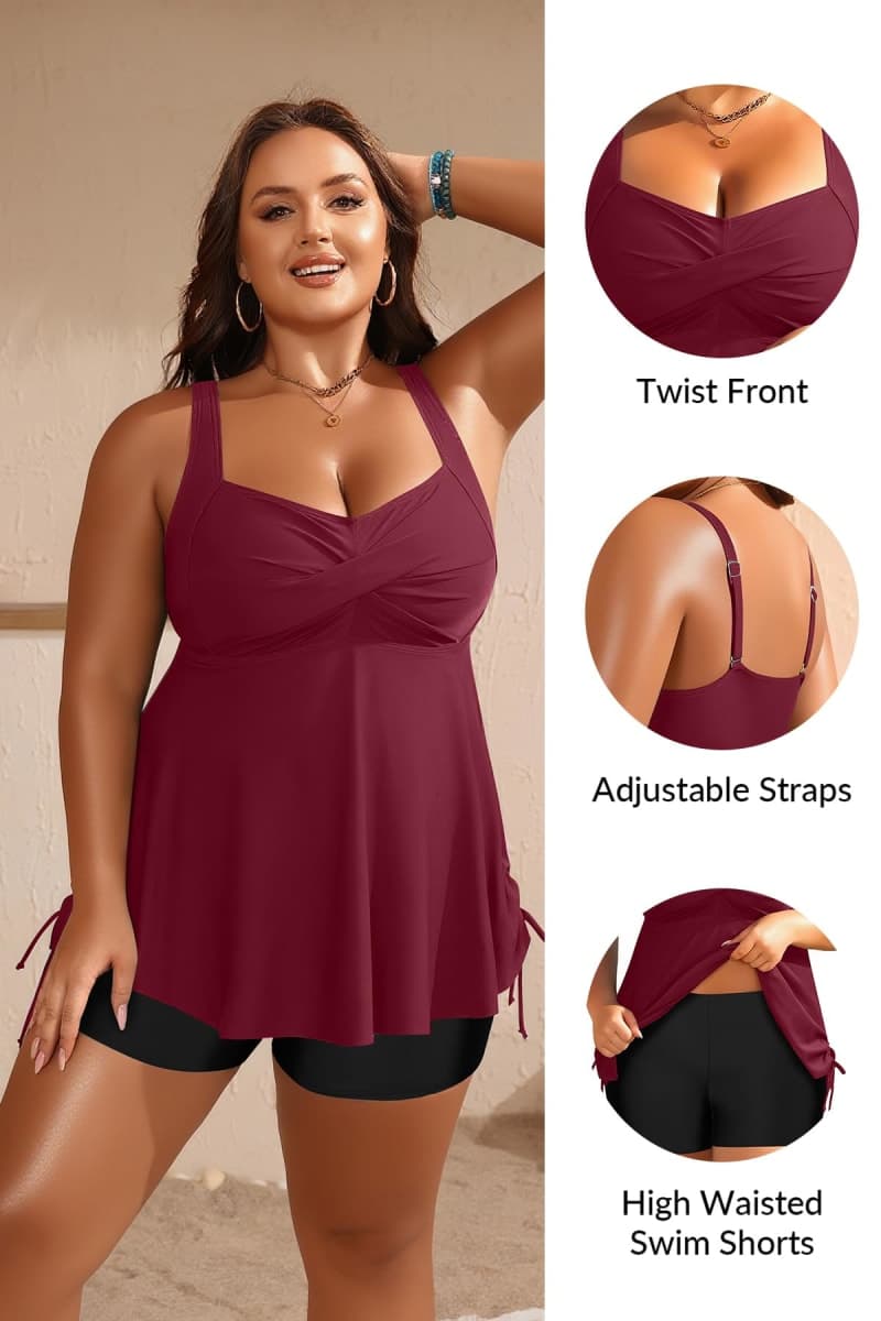 Aqua Eve Women Plus Size Tankini Swimsuit Two Piece Flowy Swimdress Bathing Suits with Shorts Wine Red 14W thumbnail 5