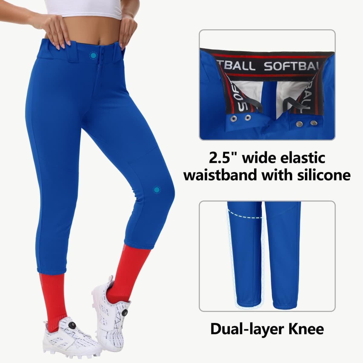 MIVEI Women's Adult Utility Tweeners Softball Pants - Woman Low Rise 3/4 Tapered Leg Track Pants Dual-Layer Knee Youth Girls, Royal Blue, Large thumbnail 4