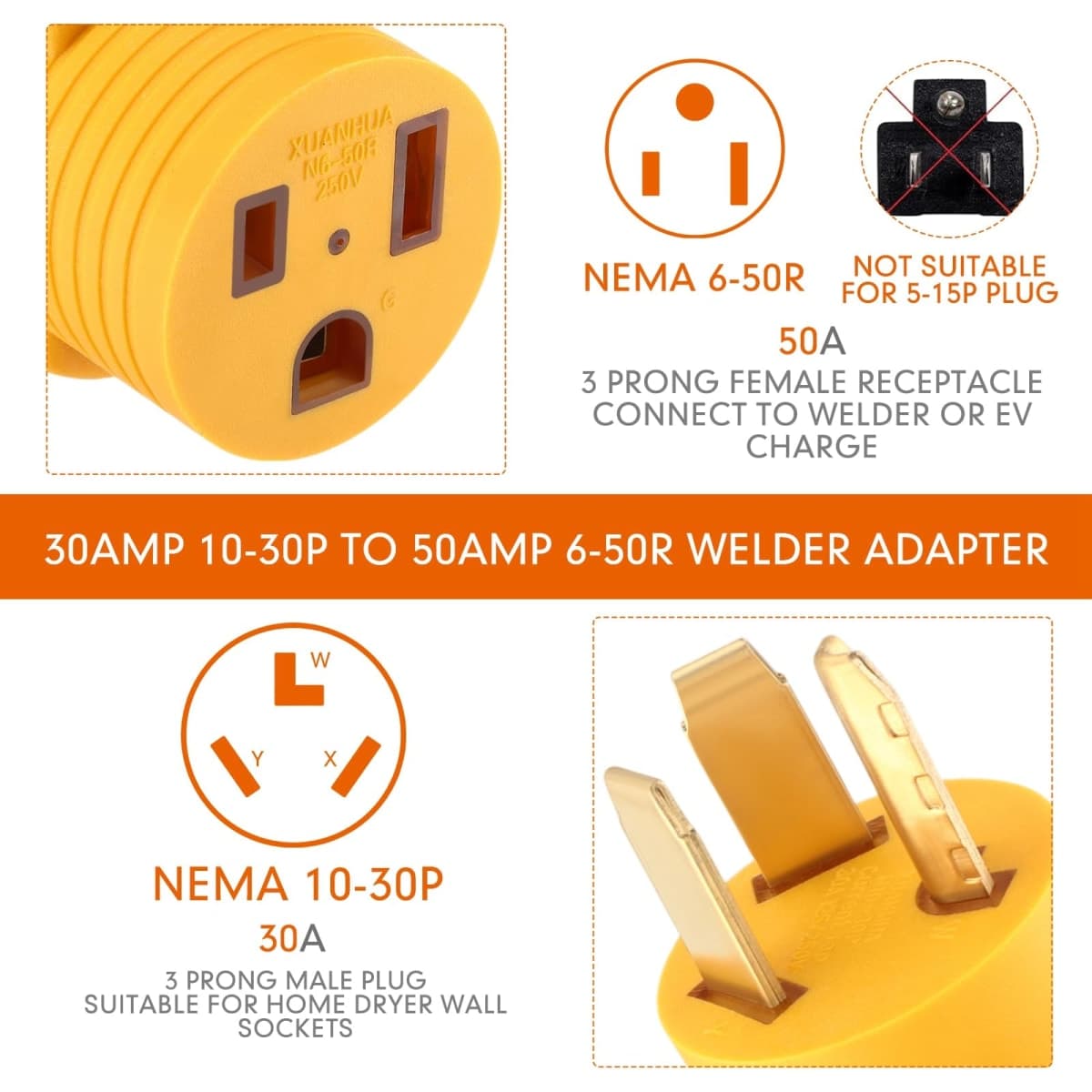 Kanayu NEMA 10-30P to 6-50R Adapter 30 Amp Dryer to 50 Amp Welder Adapter 240V Receptacle 3 Prong to 3 Prong Generator Welder Dryer EV Charger Power Plug, Yellow thumbnail 2
