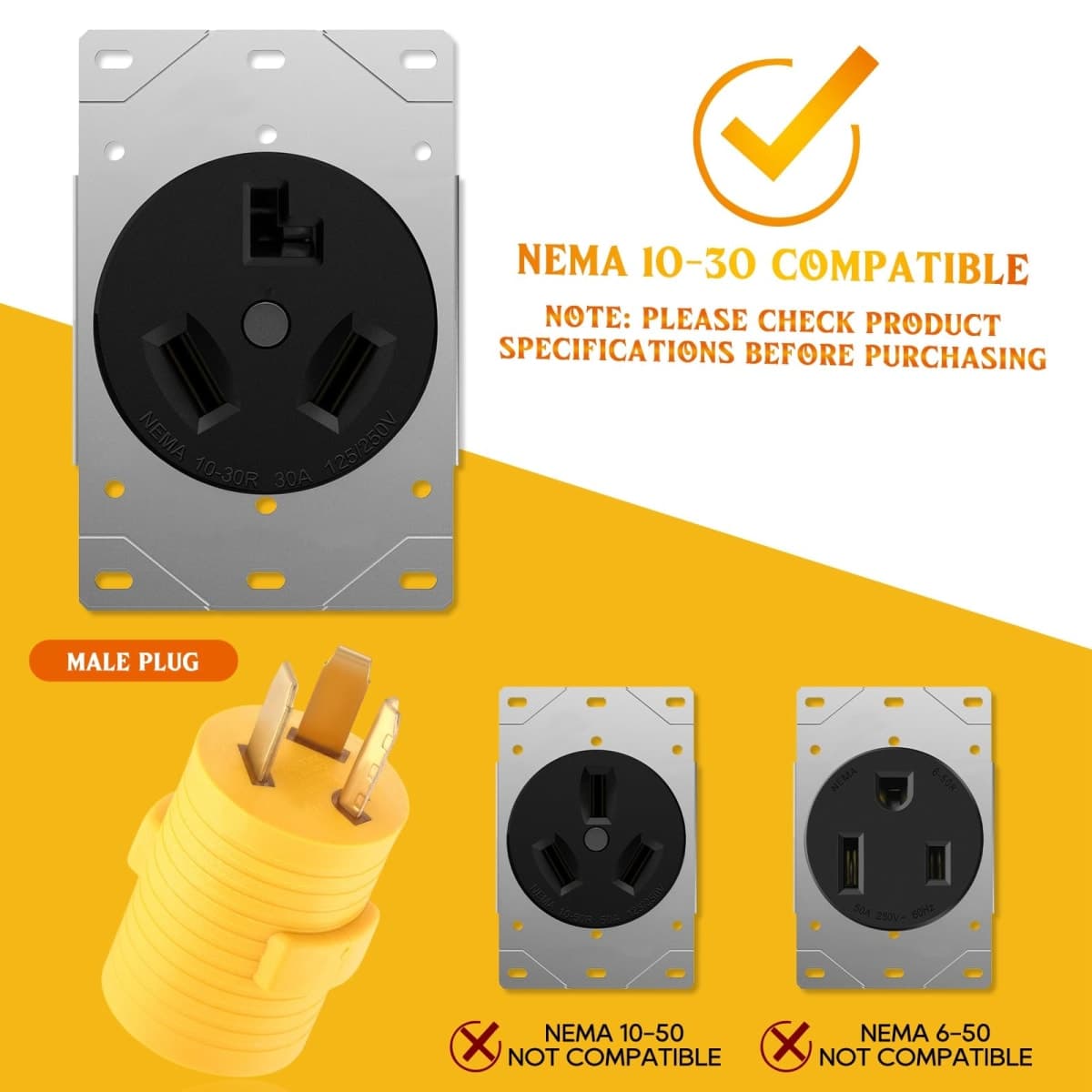 Kanayu NEMA 10-30P to 6-50R Adapter 30 Amp Dryer to 50 Amp Welder Adapter 240V Receptacle 3 Prong to 3 Prong Generator Welder Dryer EV Charger Power Plug, Yellow thumbnail 4