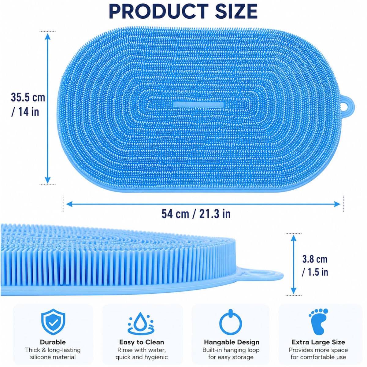 Shower Foot and Back Scrubber Mat - 21.3" Silicone Foot Massager ,Strong Suction Cups Non-Slip, Hands-Free Dead Skin Remover & Exfoliator for Elderly & Pregnant Women, No Bending Required (blue) thumbnail 2