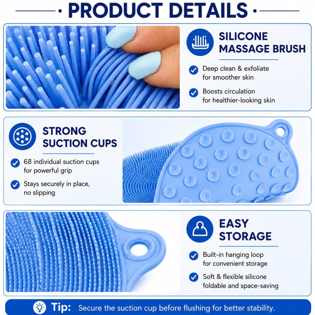 Shower Foot and Back Scrubber Mat - 21.3" Silicone Foot Massager ,Strong Suction Cups Non-Slip, Hands-Free Dead Skin Remover & Exfoliator for Elderly & Pregnant Women, No Bending Required (blue) thumbnail 3