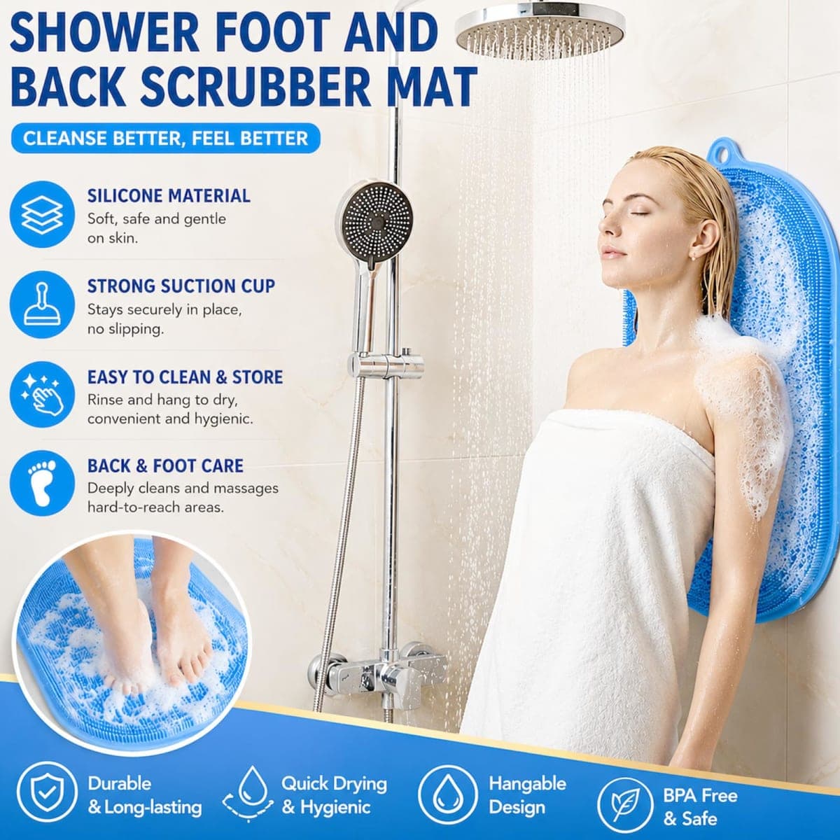 Shower Foot and Back Scrubber Mat - 21.3" Silicone Foot Massager ,Strong Suction Cups Non-Slip, Hands-Free Dead Skin Remover & Exfoliator for Elderly & Pregnant Women, No Bending Required (blue) thumbnail 5