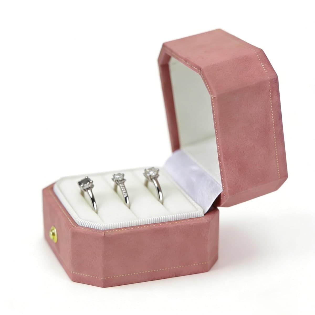 WHSLILR Velvet Wedding Ring Box with Gold Lace - Octagon 3 Slots Engagement Ring Box with Hinged Lid for Proposal Engagement Wedding-PRB003-Pink thumbnail 3