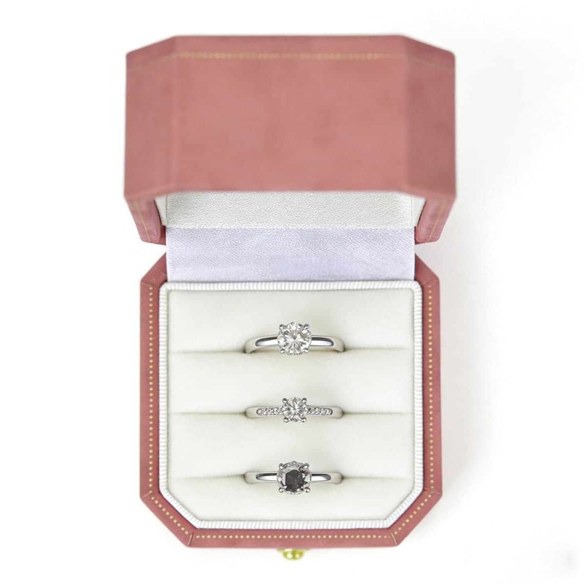 WHSLILR Velvet Wedding Ring Box with Gold Lace - Octagon 3 Slots Engagement Ring Box with Hinged Lid for Proposal Engagement Wedding-PRB003-Pink thumbnail 4