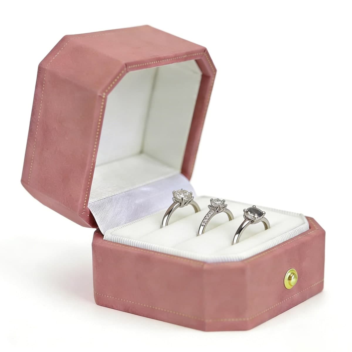 WHSLILR Velvet Wedding Ring Box with Gold Lace - Octagon 3 Slots Engagement Ring Box with Hinged Lid for Proposal Engagement Wedding-PRB003-Pink thumbnail 5