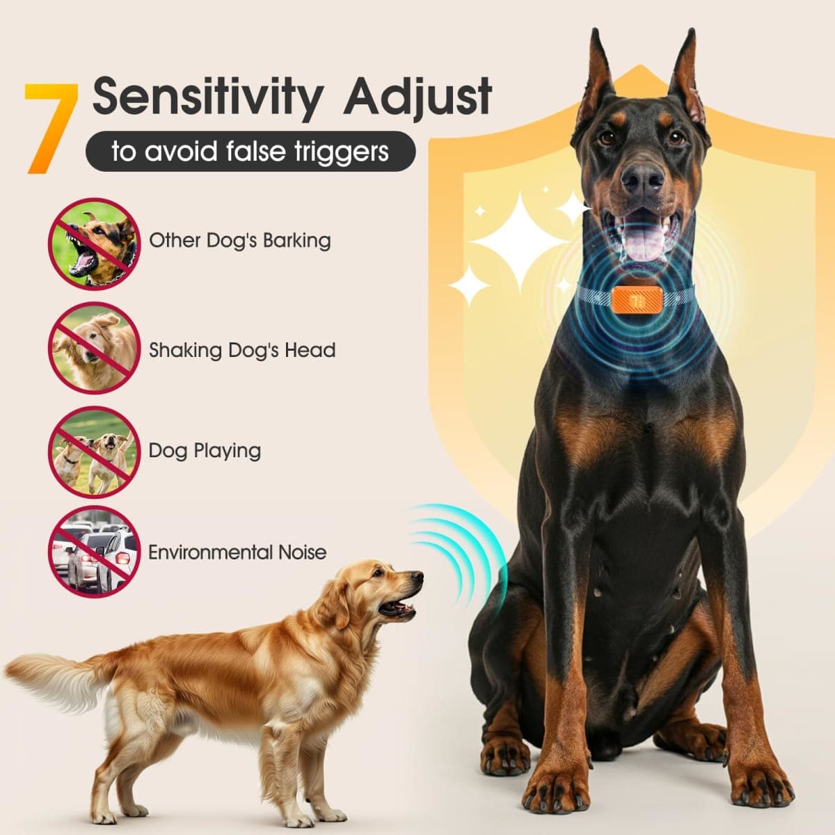 KJKZO Dog Bark Collar for Large Medium Small Dogs, Effective No-Bark Collar, Smart Barking Collar, Rechargeable Bark Collar with 7-Level Sensitivity, 3 Beep & Vibration Modes, Waterproof, Orange thumbnail 2