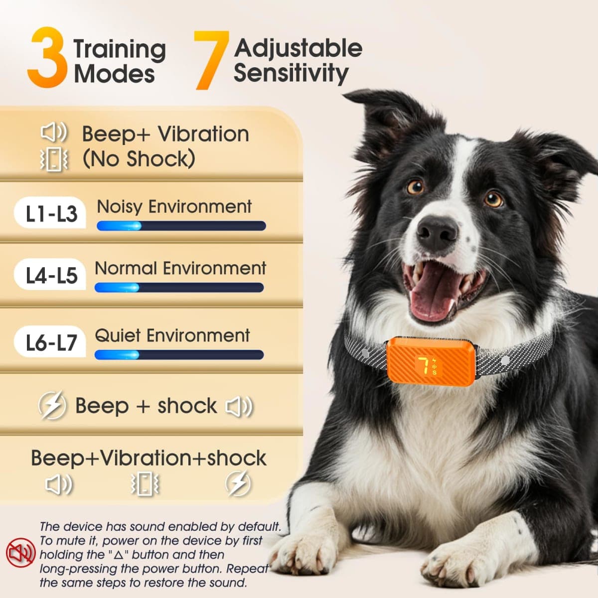 KJKZO Dog Bark Collar for Large Medium Small Dogs, Effective No-Bark Collar, Smart Barking Collar, Rechargeable Bark Collar with 7-Level Sensitivity, 3 Beep & Vibration Modes, Waterproof, Orange thumbnail 3
