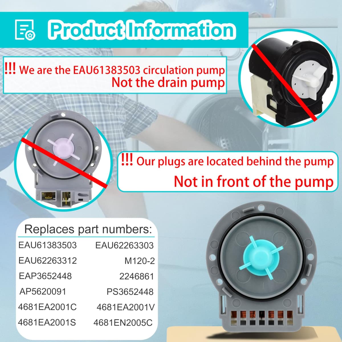 EAU61383503 lg Washer Circulation Pump, EAU62263303 Drain Motor for lg Kenmore Elite Washer, Replaces 4681EA2001C 4681EA2001V 2246861 AP5620091-3 Years Warranty-Figure 6 Shows More Compatible Models thumbnail 2