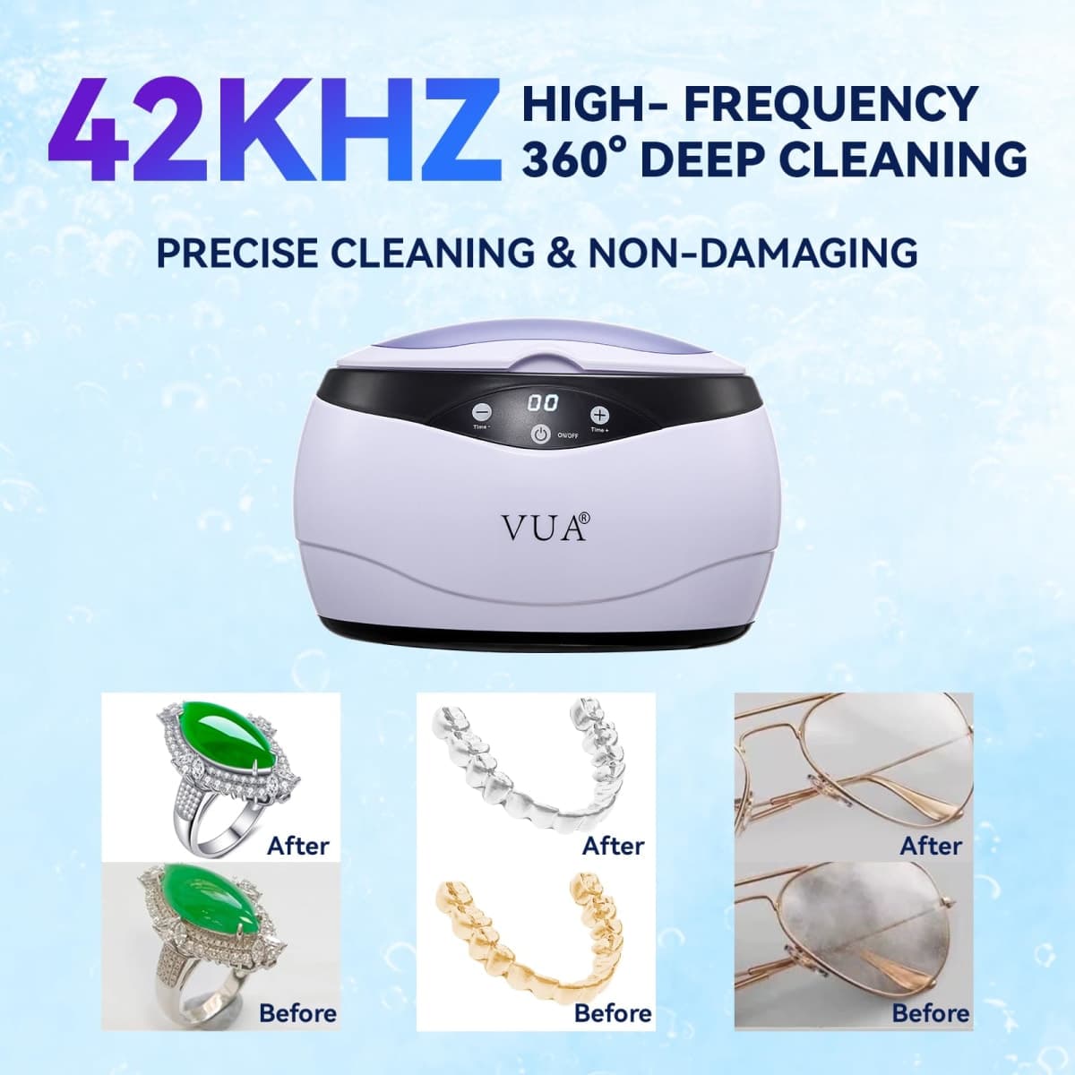 Ultrasonic Jewelry Cleaner, 22oz Ring Cleaner, 42KHz Ultrasonic Cleaner Machine, 304 Stainless Steel Tank, 5 Time Modes Glass Cleaner with Watch Holder for Watch, Rings, Retainers, Dentures thumbnail 4
