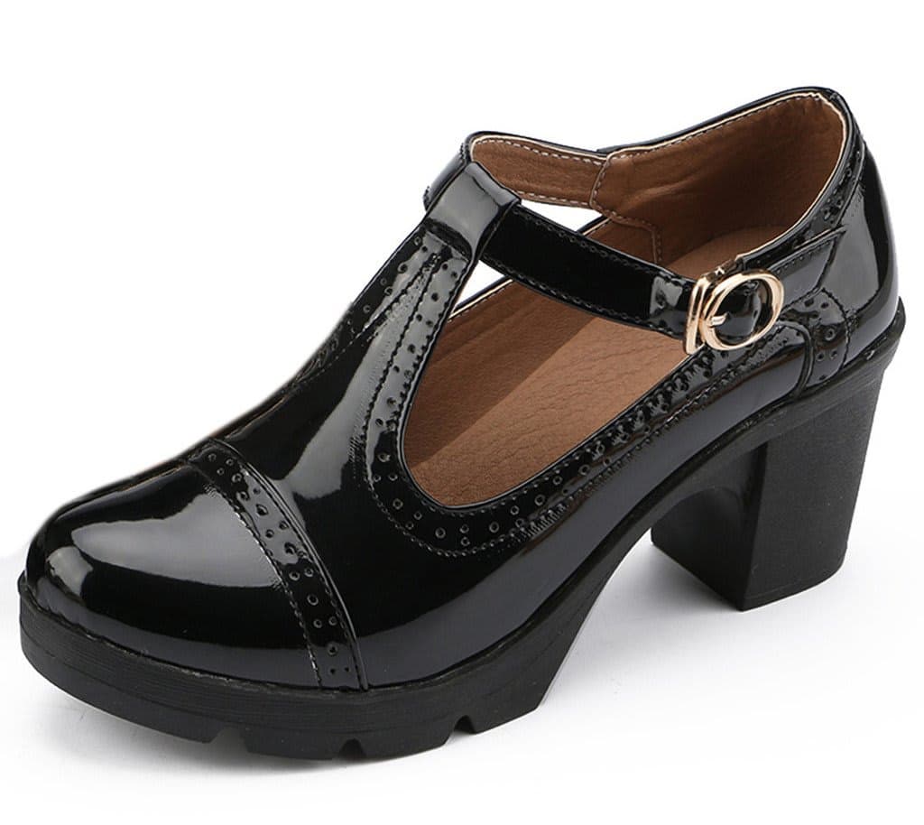 DADAWEN Women's Classic T-Strap Platform Mid-Heel Square Toe Oxfords Dress Shoes, Black, 6 — image 1