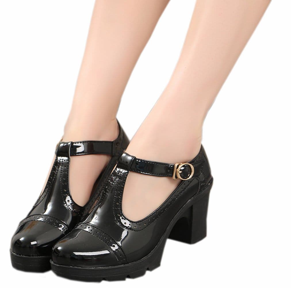 DADAWEN Women's Classic T-Strap Platform Mid-Heel Square Toe Oxfords Dress Shoes, Black, 6 thumbnail 2