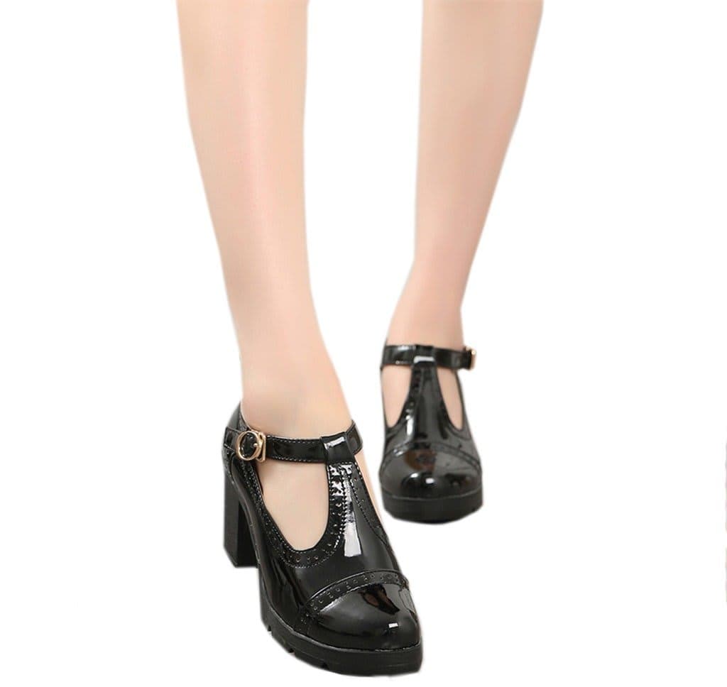 DADAWEN Women's Classic T-Strap Platform Mid-Heel Square Toe Oxfords Dress Shoes, Black, 6 thumbnail 3