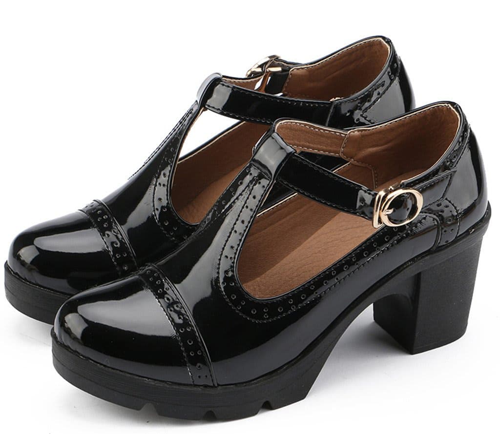 DADAWEN Women's Classic T-Strap Platform Mid-Heel Square Toe Oxfords Dress Shoes, Black, 6 thumbnail 4