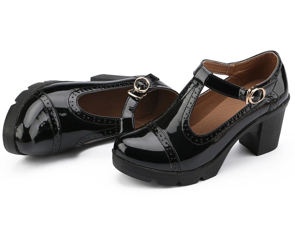 DADAWEN Women's Classic T-Strap Platform Mid-Heel Square Toe Oxfords Dress Shoes, Black, 6 thumbnail 5