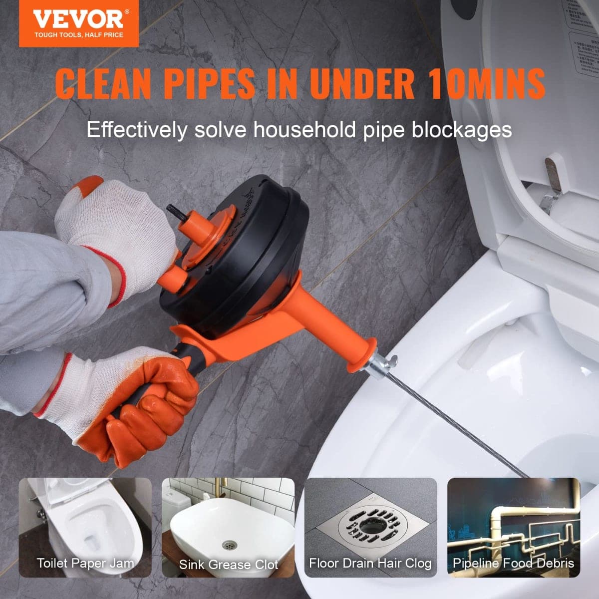 VEVOR Drain Auger 25Ft, Plumbing Snake with Drill Attachment, Plumbers Snake Drain Clog Remover for Kitchen Bathroom Shower Sink with Protective Hose and Gloves thumbnail 2
